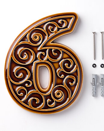 Numer domu, cyfra 6 miodowo-brązowa, do przykręcenia, pracowniazona
