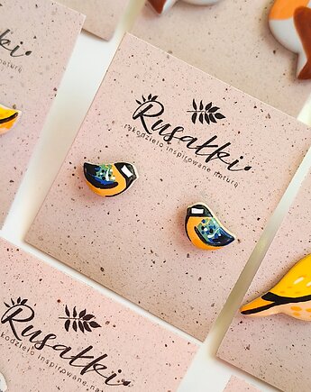 Kolczyki sztyfty sikorki bogatki ptaszki, boho biżuteria, motyw leśny, Dary Rusałki