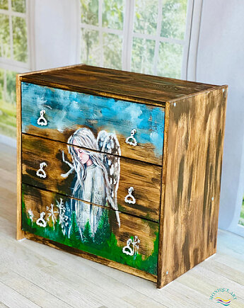 Artystyczna komoda z motywem anioła, rustykalny klimat, do salonu lub sypialni, Monique Art