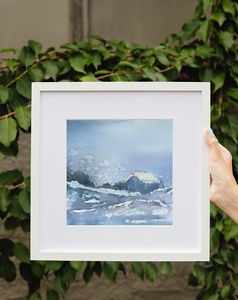 WYPRZEDAŻ OBRAZÓW! Akwarela Zimowy pejzaż oryginalny obraz 300g A5 21x15 cm, Kwitnace