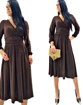 Czekoladowa elegancka sukienka  midi draperia r 36-56, MC Fashion
