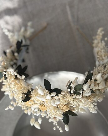 Opaska na komunię/wesele z suszonych i stabilizowanych kwiatów biel zieleń