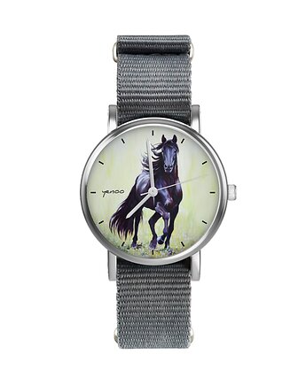 Zegarek  mały - Czarny koń malowany - nylonowy, szary, yenoo