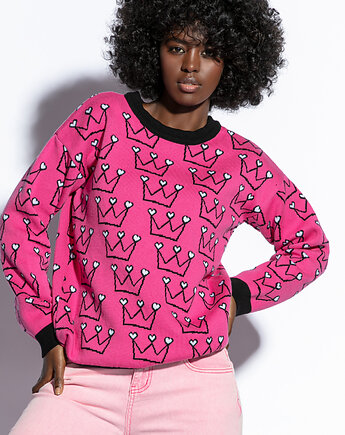 Bawełniany kolorowy sweter korony serca F1810 Różowy, FOBYA