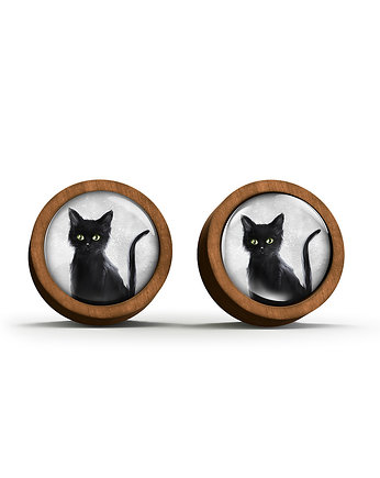Kolczyki drewniane - Czarny kot - sztyfty, yenoo