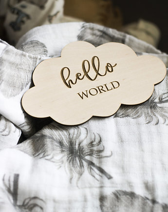 Drewniana tabliczka hello world - chmurka, Winietka dekoruje