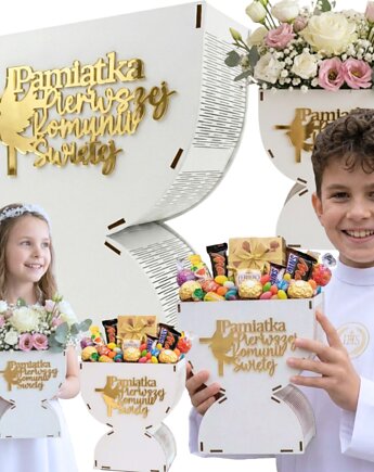 Pudełko Drewniane Kielich Box na Słodycze Kwiaty FlowerBox Pamiątka Komunii, smxdsgn