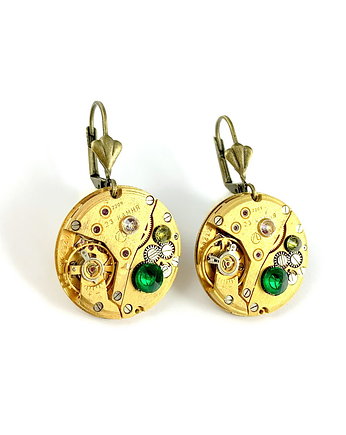 Kolczyki pozłacane - GOLDEN TREASURE - złote mechanizmy z zielonym kamieniem, DROBINY CZASU
