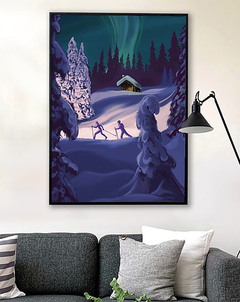 Plakat narciarski zorza polarna Aurora borealis, minimalmill