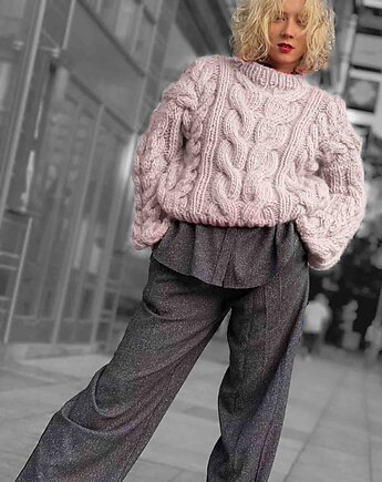 100% Merino sweter WARKOCZOWY  na drutach, PANAPUFA