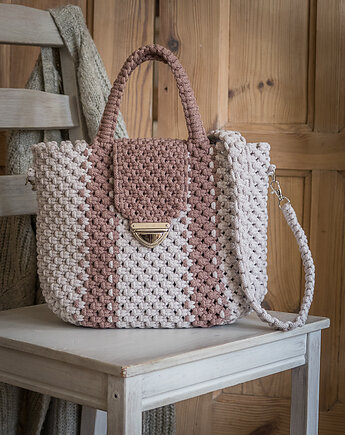Makramowa torebka City Bag - perła/wrzos, Poplecione Makramy