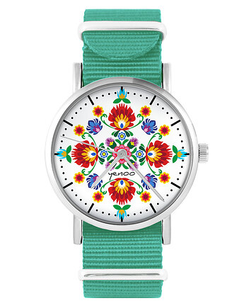 Zegarek - Mandala folkowa  - turkusowy, nylonowy, yenoo