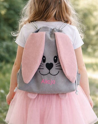 Worek szary dla przedszkolaka z imieniem zajączek uszy, Made by Joan