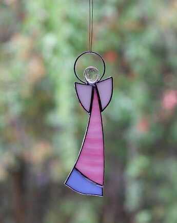 Anioł witrażowy różowy  z falbanką16 cm, BeArt Handmade