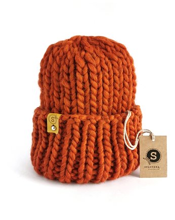 Pomarańczowa czapka z wełny 100%  WOOLY ruda, sploteka