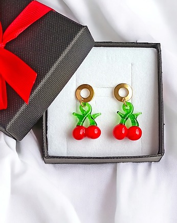 Wisienki : kolczyki na sztyftach : ozdobne pudełeczko : WALENTYNKI, kaktusia