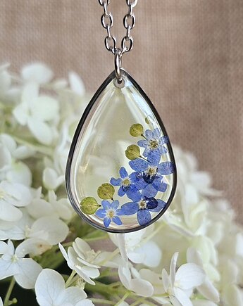 Srebrny wisiorek prawdziwe kwiaty zawieszka łezka niezapominajki, zkwiatem