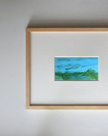 Akwarela Pejzaż traw oryginalny obraz niebieski papier 10,5x22 cm, Kwitnace