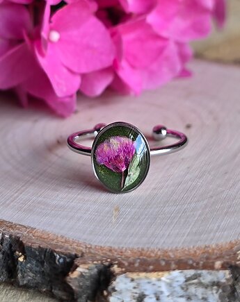 Wieczny kwiat pierścionek srebrny gipsówka prawdziwy żywica różowy, zkwiatem