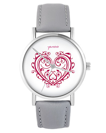 Zegarek - Serce ornamentowe - skóra, szary, yenoo