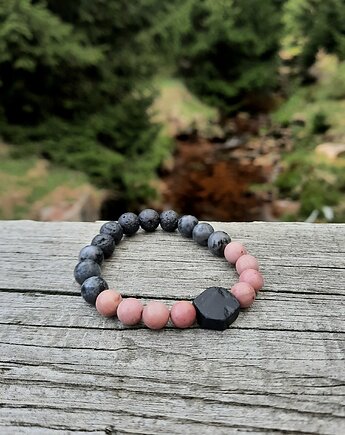 Bransoleta Kobieca PINK czarny turmalin różowy rodochrozyt amulet, ZIĘBA