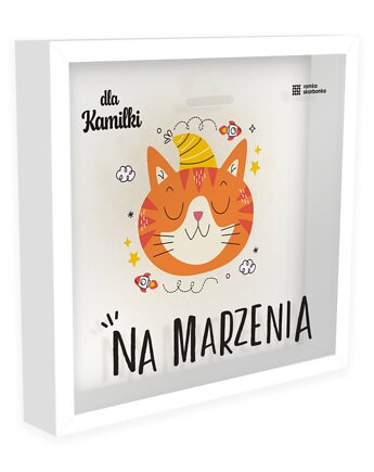 Ramka Skarbonka - Na marzenia - rudy kotek - z imieniem dziecka, Ramka Skarbonka
