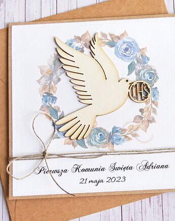 Kartka, PERSONALIZACJA :: I Komunia Święta : gołąb IHS niebieska., kaktusia