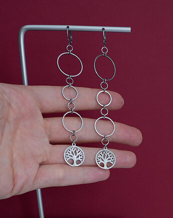 Długie kolczyki ze stali z kółkami i drzewem życia, AT NOON