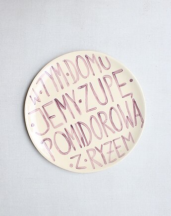 Talerz z napisem zupa pomidorowa z ryżem, m2k studio