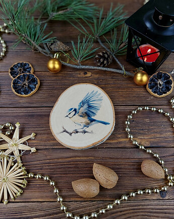 Brzozowa podkładka pod kubek, świąteczna zawieszka - modraszka, Manufa
