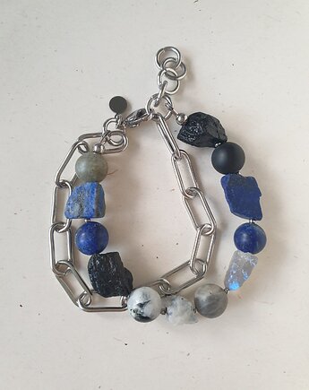 Bransoletka RAW z grubym łańcuchem, lapis lazuli, czarny turmalin, modesign
