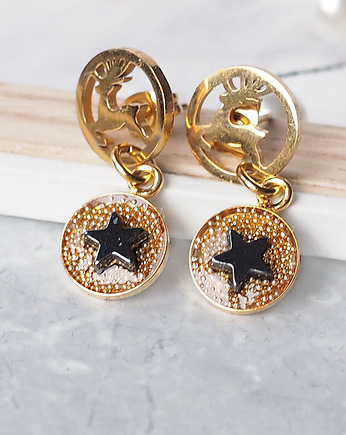 ŚWIĄTECZNE KOLCZYKI z reniferami i gwiazdkami, srebro pozłacane, Chodelska Art Studio