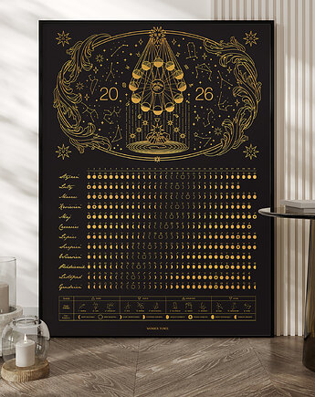 50x70cm Plakat Kalendarz Faz Księżyca 2026 Black, Wonder Tones