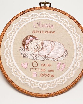 Haftowana personalizowana metryczka, pamiątka narodzin w oprawie 20 cm, Plasun