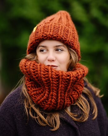 Wełniana czapka i komin- komplet zimowy PERUVIAN WOOLY terakota, sploteka