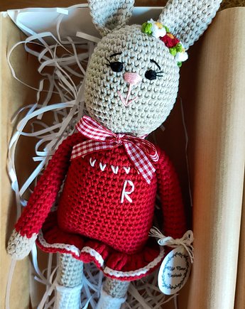 Króliczek na szydełku maskotka z bawełny w pudełku pamiątka Chrztu, Misio Mama