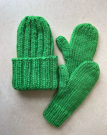 Czapka i rękawiczki z wełny peruwiańskiej Buran zielone, Made by Jaga