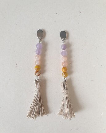 Kolczyki BOHO ART z lnianym chwostem, jadeit, jaspis, fiolet, pomarańcz, beż