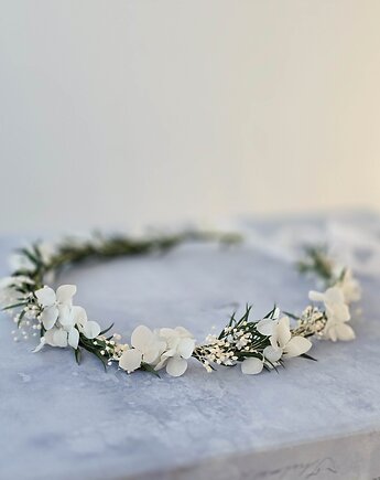 Delikatny naturalny wianek - białe suszone kwiaty, Lola White