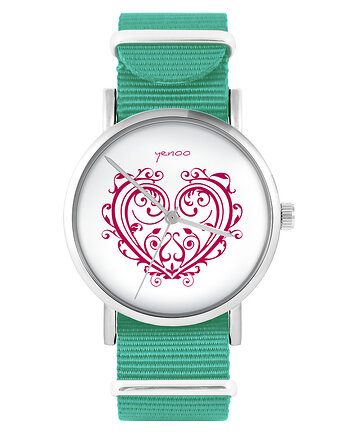 Zegarek -  Serce ornamentowe - turkusowy, nylonowy, yenoo