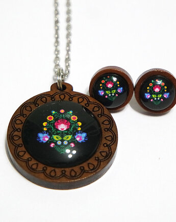 Komplet - Folkowy czarny - drewno, naszyjnik i kolczyki, yenoo