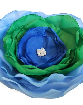 Duża broszka błękit zieleń 12cm kwiat kwiatek, Made by Joan