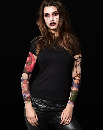 Czarny t-shirt damski z tatuażami Dark Circus, dirrtytown clothing