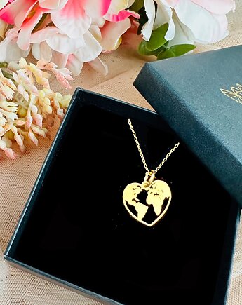 Mapa Świata w sercu-   filigranowy naszyjnik Pozłacane Srebro, Anemon Atelier