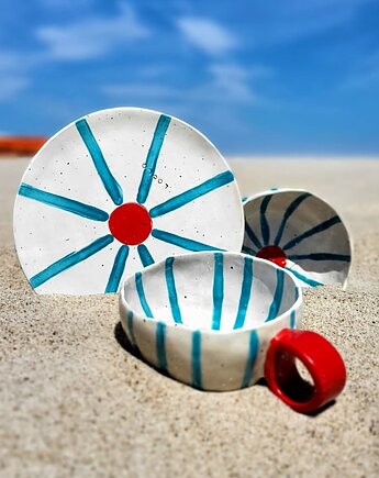 Ceramiczny zestaw śniadaniowy biały w niebieskie paski prezent