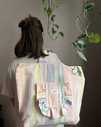 Pastelowa Dwustronna Torba w Paski z Falbanką, boytel tasha