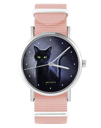 Zegarek - Czarny kot, noc - brzoskwiniowy róż, yenoo