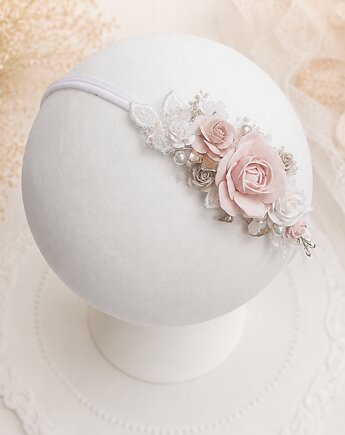 Wianek opaska na chrzest łososiowy róż złoto, Petite Dame