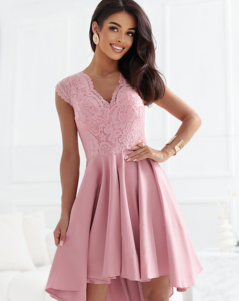300-7 PATRICIA elegancka sukienka z dłuższym tyłem i koronką - brudny róż, NUMOCO