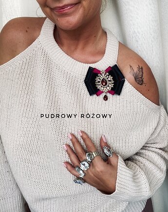 Burgundowa Brosza z kryształem w kolorze wina  NEW, Pudrowy Różowy
